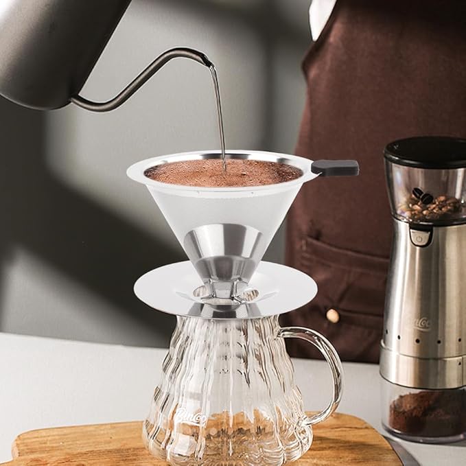 Pour Over Coffee Dripper,Upgraded Double Micro Mesh Filter With Cleaning Brush & 15g Measuring Scoop,Stainless Steel Reusable Coffee Filters Metal Cone-Filter Paperles(1-2cups)