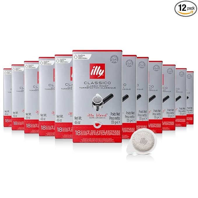 illy Coffee ESE Capsules, Classico Medium Roast Coffee Pods, 100% Arabica, Premium Italian Blend, Single Serve 18 Count, 12 Pack