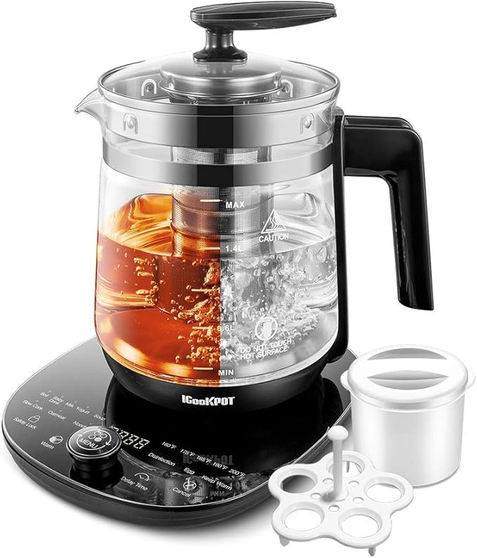 Electric Tea Kettle – 2L Stainless Steel, Temp & Programmable Control, Glass Body with Tea Infuser |Coffee | Includes Egg Cooker & Yogurt Box – Black