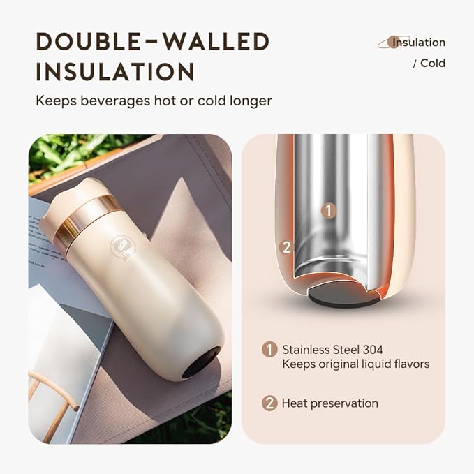BENFUCHEN Travel Coffee Press, Vacuum Insulated Portable French Press, Stainless Steel Portable Coffee Maker/Tea Press, 12oz, Beige