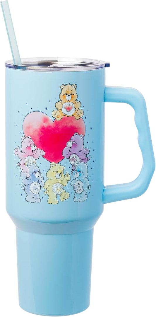 Silver Buffalo Care Bears Watercolor Featuring Tenderheart, Cheer, Grumpy, Funshine, Bedtime, Share Bear Double Walled Stainless Steel Tumbler w Handle & Straw, Fits in Standard Cup Holder, 40 Ounces