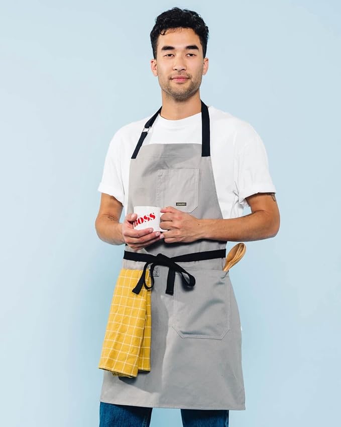 Caldo Daily Cotton Kitchen Apron for Cooking- Mens and Womens Professional Chef or Server Bib Apron - Adjustable Straps with Pockets and Towel Loop (Grey) - Image 5