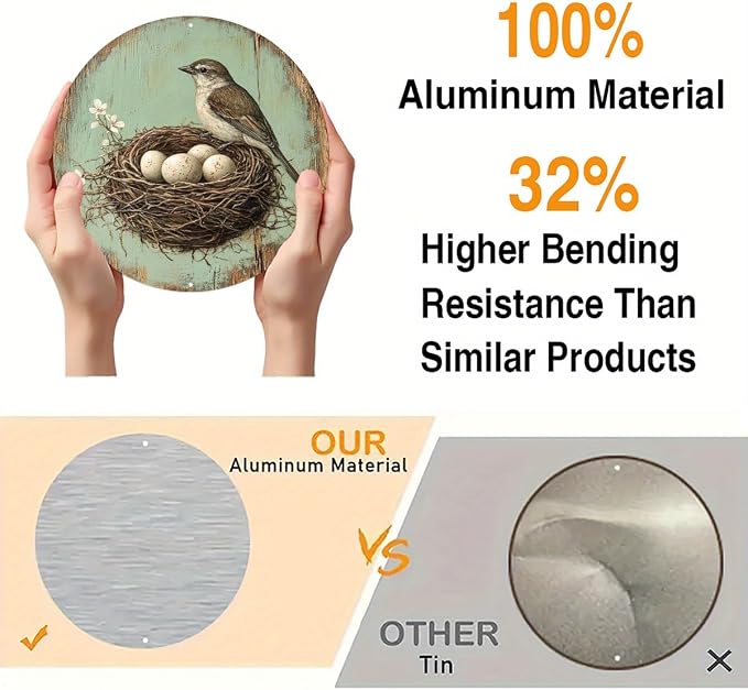 1pc Vintage Bird and Egg in Nest Round Aluminum Sign, 8x8 Inch Farmhouse Wall Decor with Pre-Drilled Holes, Durable Garden Yard Art for Home,Halloween & Christmas Gifts, Outside Decor - Image 3