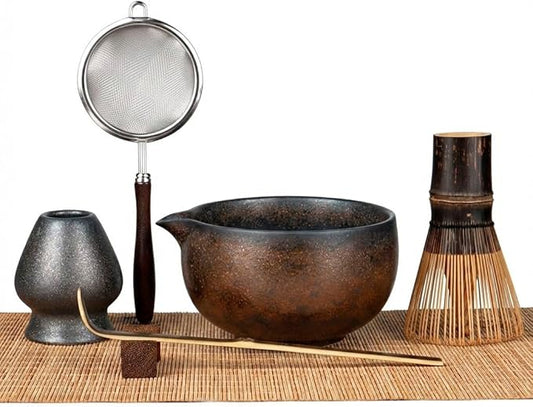 Matcha Whisk Set 7-Piece with Handmade Matcha Bowl & 100-Prong Purple Bamboo Whisk (Chasen), Complete Matcha Kit with Holder, Scoop & Rest, Bamboo Tea Mat, Gift-Ready Matcha Set