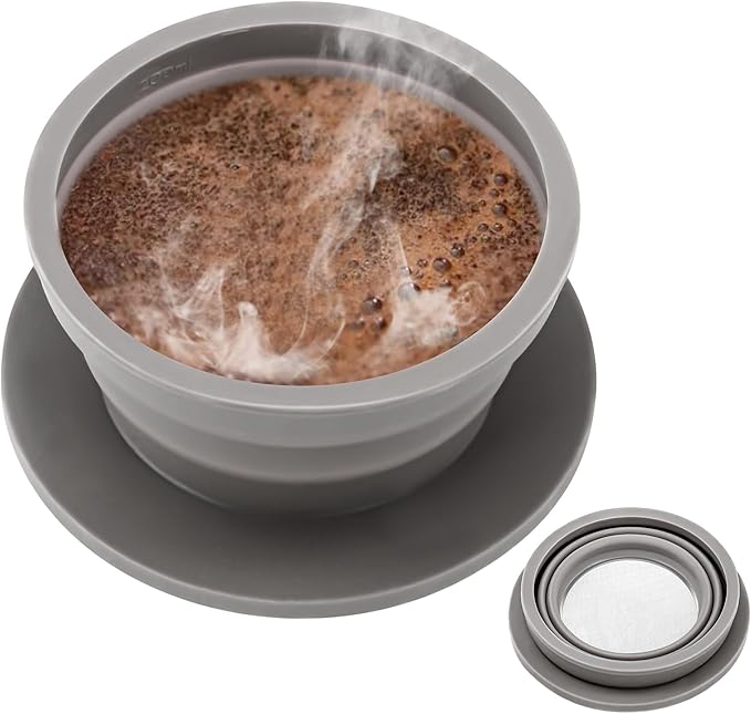 Paperless Collapsible Travel Pour Over Coffee Maker Camping, Travel Pour Over Coffee Dripper with Reusable Stainless Steel Filter, Single Cup Coffee Strainer (Grey)