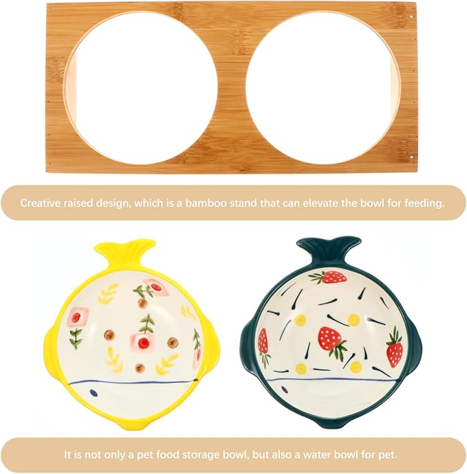 Creative Elevated Pet Bowls with Bamboo Stand Double Ceramic Puppy and Cat Bowls for Comfortable Feeding Joint Relief and Whisker Fatigue Prevention