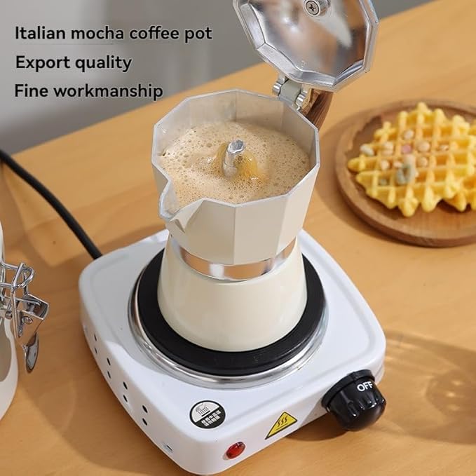 Kingdong Stovetop Moka Pot with Wooden Handle, 6-Cup Italian Style Coffee Maker, Black and Cream Aluminum Espresso Brewer (White, 3 cup)