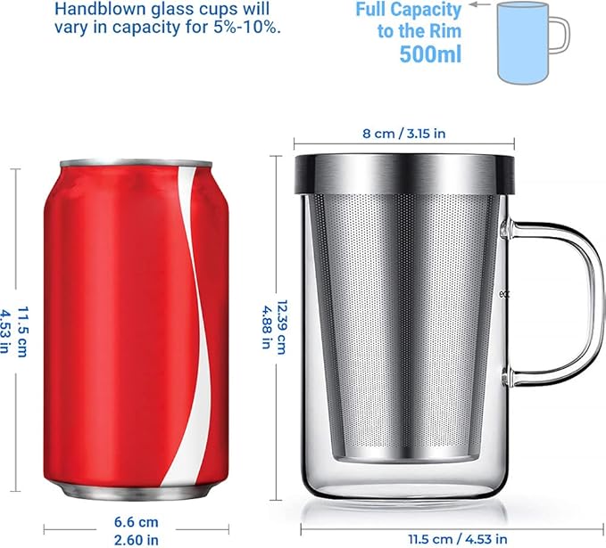ecooe 16.9 Oz Borosilicate Glass Tea Mug Cup Tea Glasses with Stainless Steel Infuser & Lid, Loose Leaf Glass Tea Cup Teacup 430mL(Use Capacity)