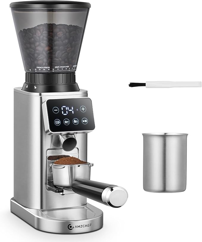 AMZCHEF Coffee Grinder, Coffee Bean Grinder for Home Use with Precise Grinding, LED Control Panel, Detachable Funnel Stand, Anti-static Design, 48 Grind Settings, Silver
