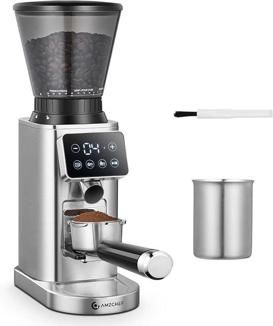 AMZCHEF Coffee Grinder, Coffee Bean Grinder for Home Use with Precise Grinding, LED Control Panel, Detachable Funnel Stand, Anti-static Design, 48 Grind Settings, Silver