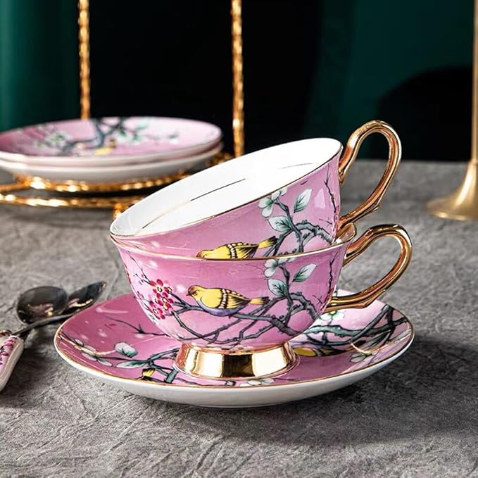 YBK Tech Euro Style Cup& Saucer Set Art Bone China Ceramic Tea Coffee Cup for Breakfast Home Kitchen- Birds and Trees Patterns (Pink)