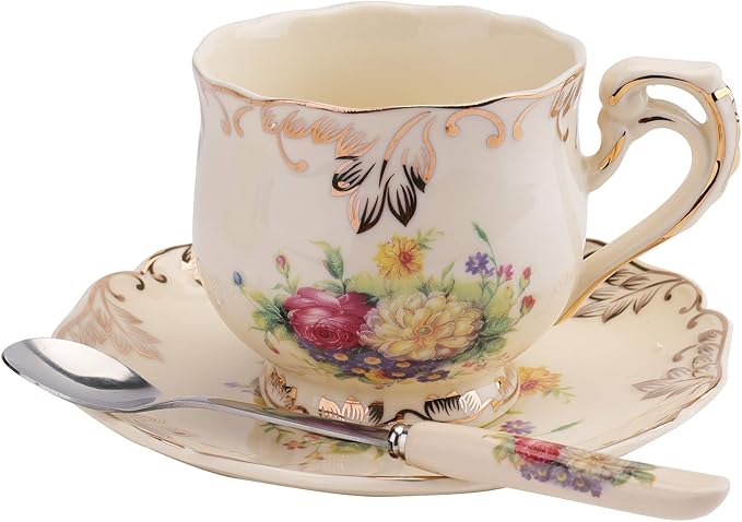 Foraineam Set of 2 Tea Cup and Saucer, 8 oz. Flowering Shrubs Ivory Ceramic Coffee Cup Fancy Floral Porcelain Tea Cup Set with Saucer and Spoon