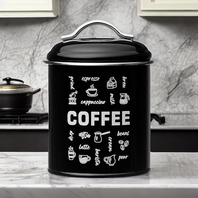 Amici Home Coffee Fix Metal Coffee Canister | Black Metal Storage Container with Handles | 36 Ounce Capacity | Coffee Canister with Lid for Kitchen Countertop