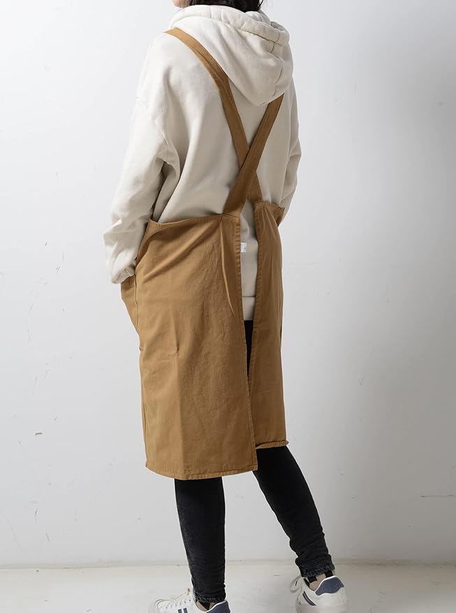 Japanese Cotton Linen Cross Back Apron with Pockets,Fashion Pinafore Dress for Gardening Painting Cleaning Cooking - Image 2