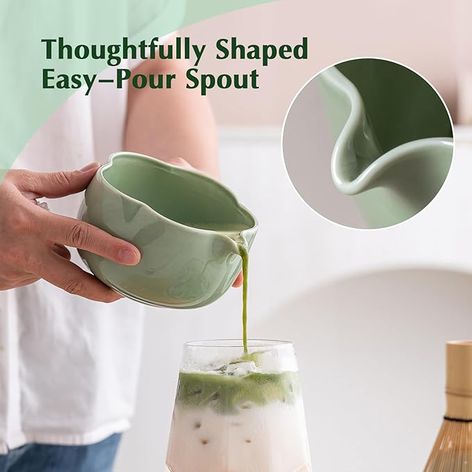 Matcha Set, 8Pcs Floral Ceramic Matcha Kit with Matcha Whisk, Holder, Scoop, Scoop Rest, Sifter, Spoon and Tea Towel - Thoughtful Matcha Whisk Set Gift for Matcha Lovers (Green)