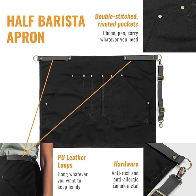 Under NY Sky Half Barista Apron - Black Leather Strap - Riveted Pockets - Double Stiched - Leather Loop - Professional Twill - Bistro, Restaurant, Waiter, Bartender, Server - Black Half Waist Apron