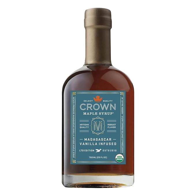 Crown Maple Certified Organic Madagascar Vanilla Infused Maple Syrup, Pure, Gluten Free, No Preservatives, Non-GMO Pairs well with Pancakes, Coffee, Cocktails & Brunch, 25 Fl Oz (Pack of 1 by CrownMaple