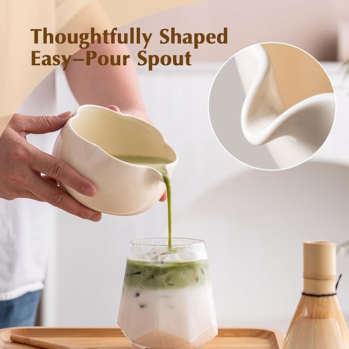 Matcha Set, 8Pcs Floral Ceramic Matcha Kit with Matcha Whisk, Holder, Scoop, Scoop Rest, Sifter, Spoon and Tea Towel - Thoughtful Matcha Whisk Set Gift for Matcha Lovers (Beige)