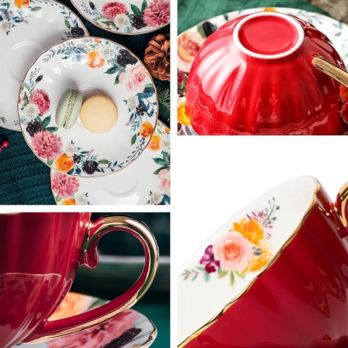 ONEUSTAR Tea Cup and Saucer Set for 1 Bone China Floral Teacup with Spoon 8 oz Coffee Cup Cappuccino Latte Mug for Women Birthday Christmas Gift, Red