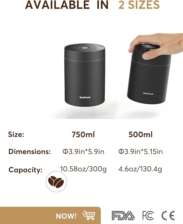 OUTPEAK Neo 2026 Auto Vacuum Coffee Canister, 0.75L Capacity for 10.58oz of Coffee Beans, One-Button Operation, Stainless Steel Food Storage Container with Scoop Black (Champion's Choice)