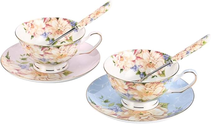 Tea Cups,Floral Tea Cups and Suacers Set,Bone China Tea Set of 2,Coffee Cups,Tea Set for Adults/Friends/Lover,7OZ(Blue/Pink)