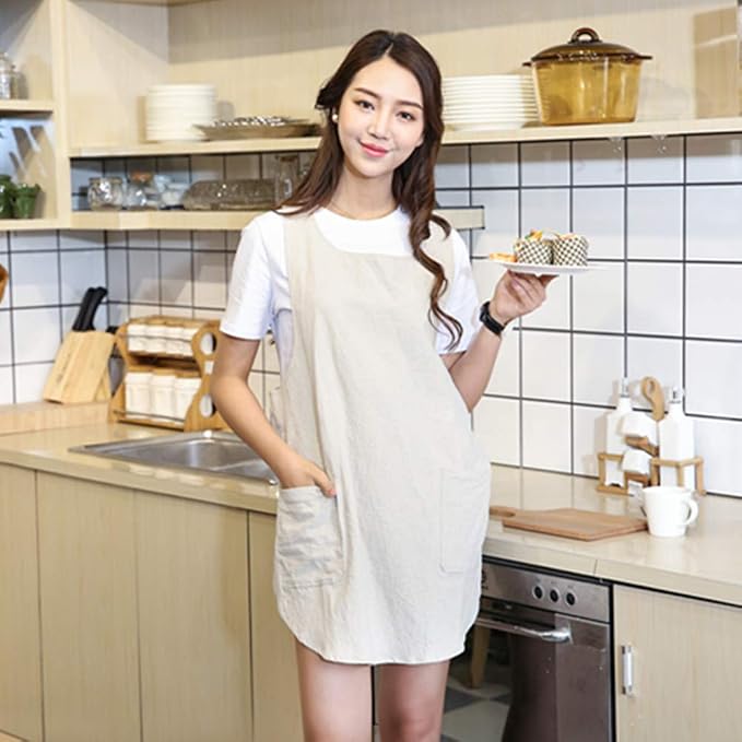 Shortened Design Apron, Japanese Style Soft Cotton Linen Apron with Two Side Pockets, X Cross Halter Aprons, Kitchen Cooking Clothes Gift for Women DIY Project, Crafting, Cooking, Baking(Beige) - Image 3
