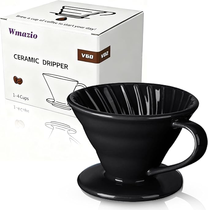 Pour Over Coffee Dripper - Ceramic Pour Over Coffee Maker Cone, Porcelain Coffee Drip, Pour Over Single Cup, Manual Brew Maker for Home, Cafe, Office - 1-4Cup, V60 Size 02 (Black)