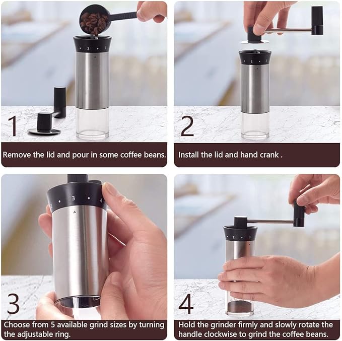 LHS Manual Coffee Grinder Stainless Steel Portable Hand Crank Coffee Mill Grinder Ceramic Conical Burr with Adjustable Coarseness for Home, Office or Traveling
