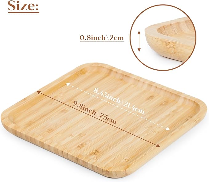 Bamboo Plates, Square Wood Serving Platter, Wooden Serving Tray, Charcuterie Serving Board, Cheese Board (9.8 inch)