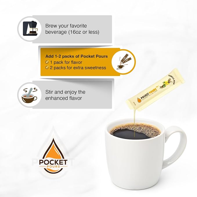 Pocket Pours Vanilla Bean Coffee Syrup - 30 Single-Serve Packets, Dairy-Free Liquid Flavoring for Coffee, Lattes & Cold Brew, Made in USA - Image 4