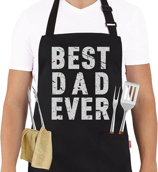 BBQ Funny Apron for Men - Best Dad Ever - Chef Bib Apron with 2 Pockets, Adjustable Neck Strap and 40" Long Ties - Best for Kitchen Cooking, Grilling, Baking, Gardening - Black by ALIPOBO