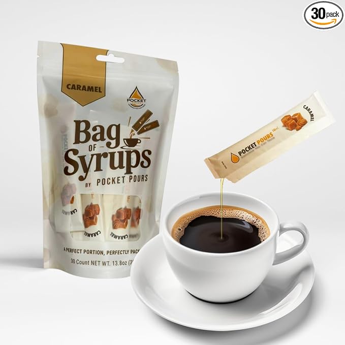 Pocket Pours Caramel Coffee Syrup - 30 Single-Serve Packets, Dairy-Free Liquid Flavoring for Coffee, Lattes & Cold Brew, Made in USA by Unknown