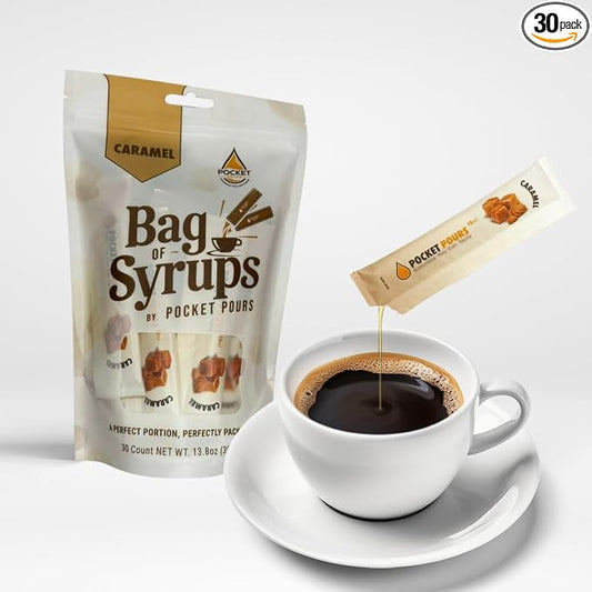 Pocket Pours Caramel Coffee Syrup - 30 Single-Serve Packets, Dairy-Free Liquid Flavoring for Coffee, Lattes & Cold Brew, Made in USA by Unknown