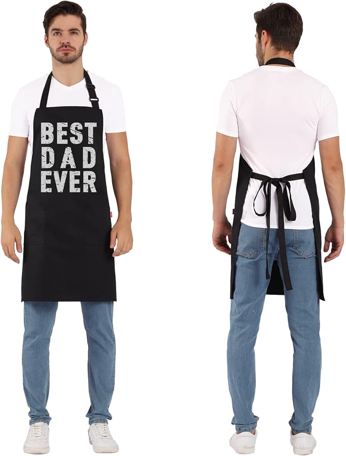BBQ Funny Apron for Men - Best Dad Ever - Chef Bib Apron with 2 Pockets, Adjustable Neck Strap and 40" Long Ties - Best for Kitchen Cooking, Grilling, Baking, Gardening - Black - Image 5