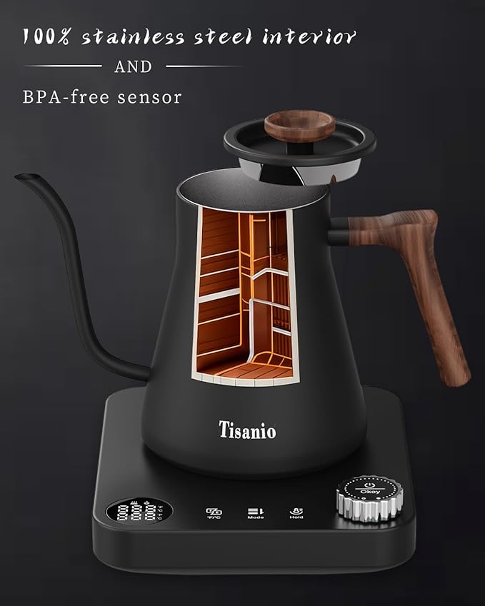 Gooseneck Electric Kettle for Pour Over Coffee, ±1°F Temperature Control, Smart Heating, 304 Stainless Steel, Fast Boil & 2-Hour Keep Warm, 0.9L,Wood Black