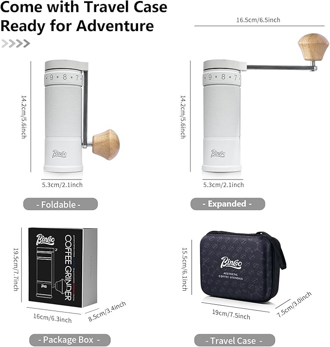 Bincoo Manual Coffee Grinder, Stainless Steel Conical Burr Mill - External Adjustable Setting, Foldable Handle Portable, 20g Capacity with Case for Espresso, Pour Over, French Press, Travel & Camping