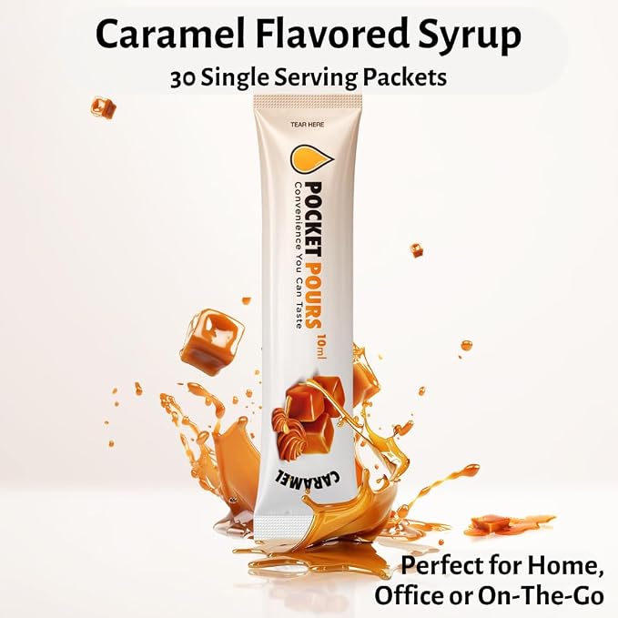 Pocket Pours Caramel Coffee Syrup - 30 Single-Serve Packets, Dairy-Free Liquid Flavoring for Coffee, Lattes & Cold Brew, Made in USA - Image 2