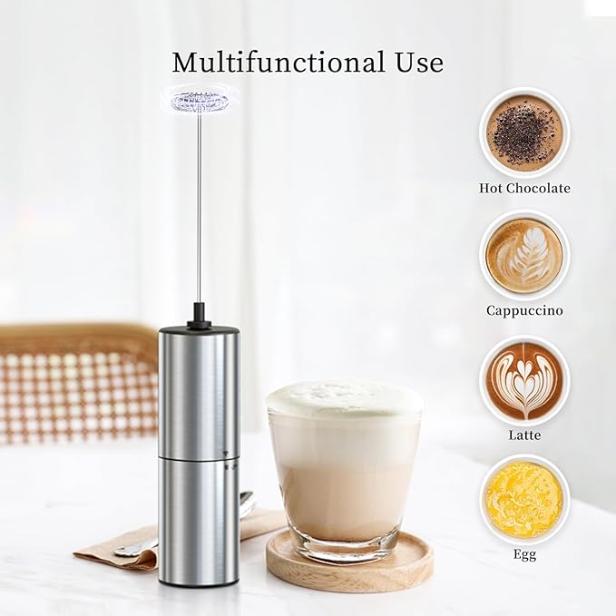 Battery Operated Coffee Frother by ELMWAY, Stainless Steel Electric Whisk, Mini Milk Frother Handled for Coffee, Latte, Matcha and Protein Powder (Silver without Stand)