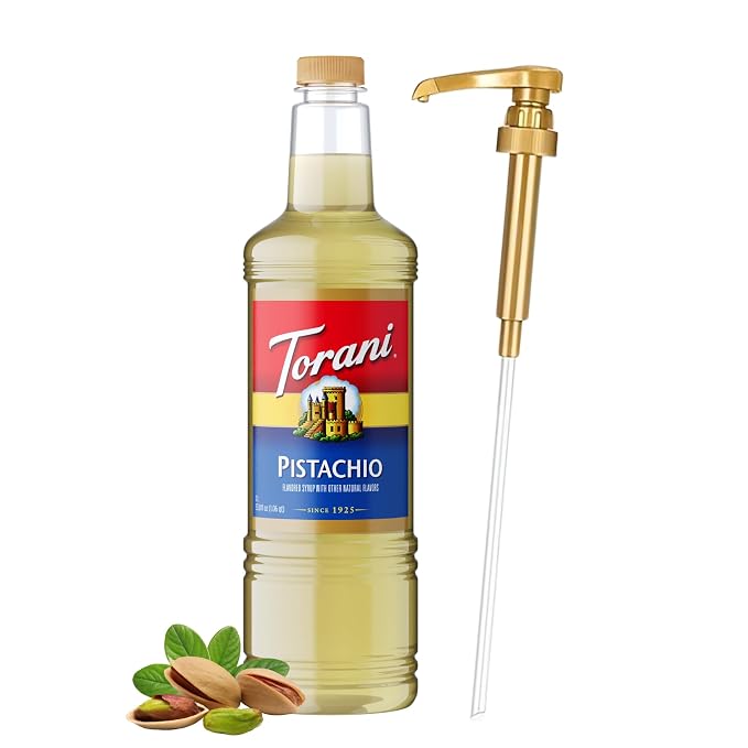 Torani Pistachio Coffee Syrup 1 Liter Bottle with Pump Dispenser – Flavored Syrup with Pure Cane Sugar & Natural Pistachio Essence – Perfect for Lattes, Desserts & Cocktails by Torani
