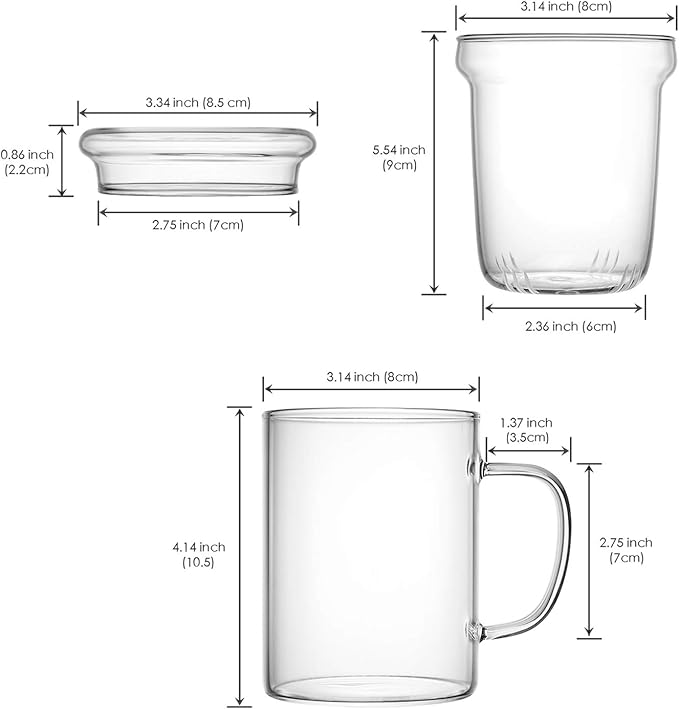 Lezero 14oz Tea Infuser Cups Kit for Loose Leaf-Tea Blooming, Glass Mug with Filter and Lid for Steeping Brewing, Heat Resistance, Lead-free, Microwave & Dishwasher Safe