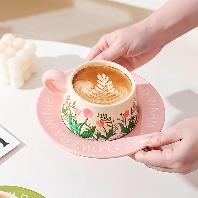 Cute Ceramic Coffee Mug and Saucer Set for Women, Spring Floral Embossed Design, 9.5oz/280ml, Perfect for Home, Office & Holiday Gifts (Black Lily)