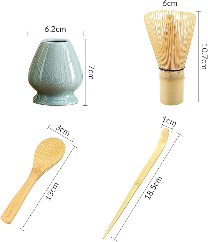 Traditional Japanese Matcha Tea Whisk Set, 4 Piece Bamboo Ceremonial Kit with Ceramic Holder (Geyao Blue)