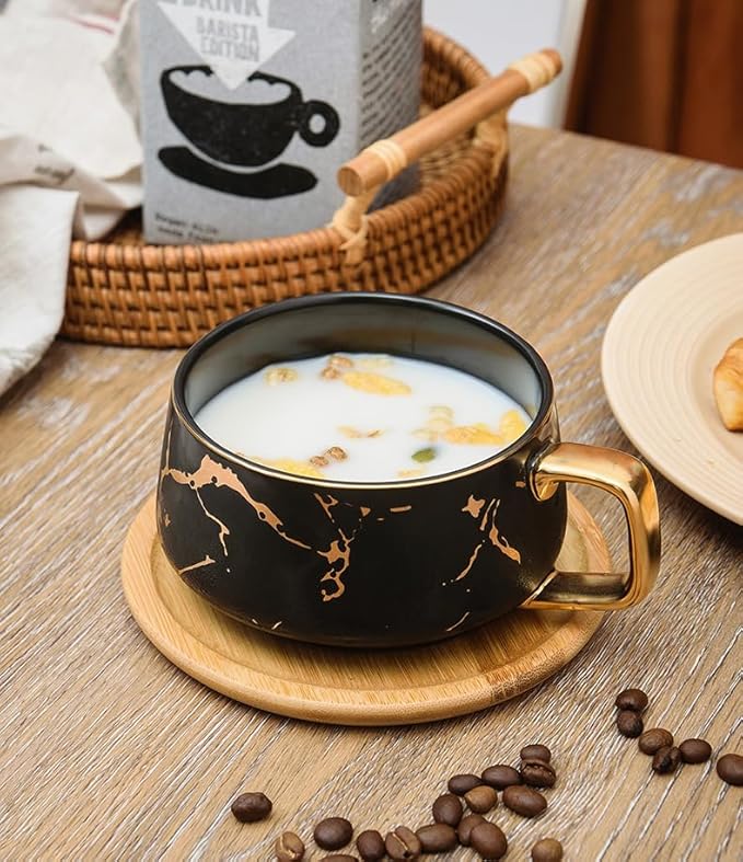 YBK Tech Porcelain Tea Cup Coffee Mug Set for Afternoon Tea - Marble Pattern (Black, Short 300ml + wood saucer)