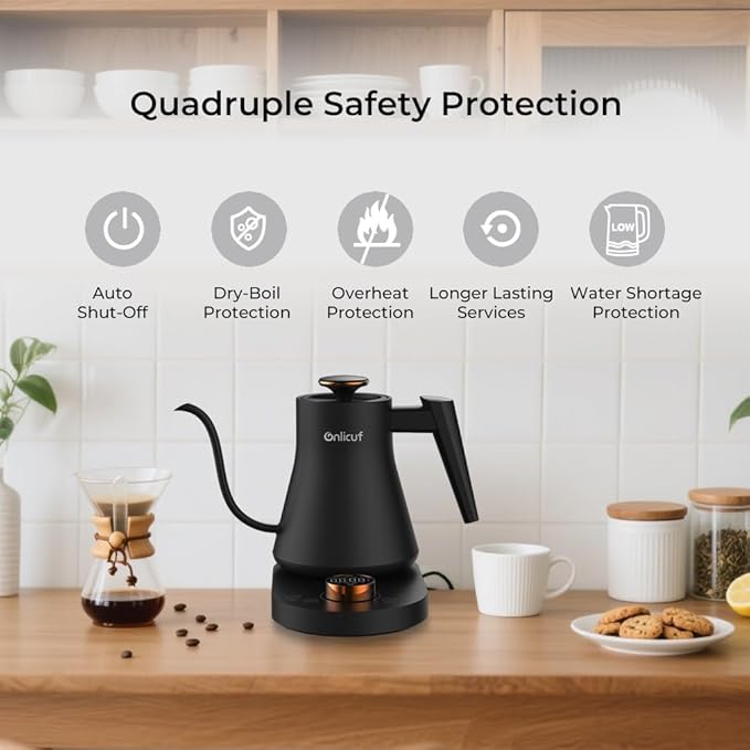 Electric Gooseneck Kettle with Temperature Control, 0.8L Pour Over Coffee, ±1°F Precision Heating, 7 Presets, Stainless Steel Inner, Electric Tea Kettle with 2H Keep Warm, Matte Black