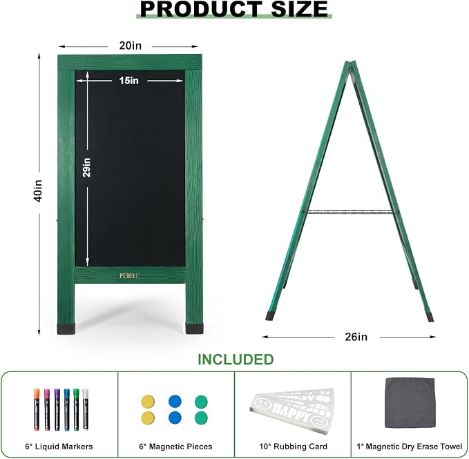 Large Sandwich A-Frame Chalkboard Sign - 40 x 20 Inches Green Magnetic Wooden Chalk Board for Sidewalk, Stand up Double-Sided Outdoor Easel Display for Restaurant Cafe Shop Wedding Party or Business - Image 2