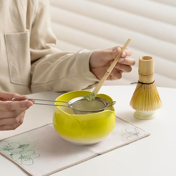 Japanese Matcha Tea Set,Elegant Yellow Ceramic Matcha Bowl with Soft Glaze, Bamboo Whisk & Scoop, Complete Tea Ceremony Kit with Gift Box