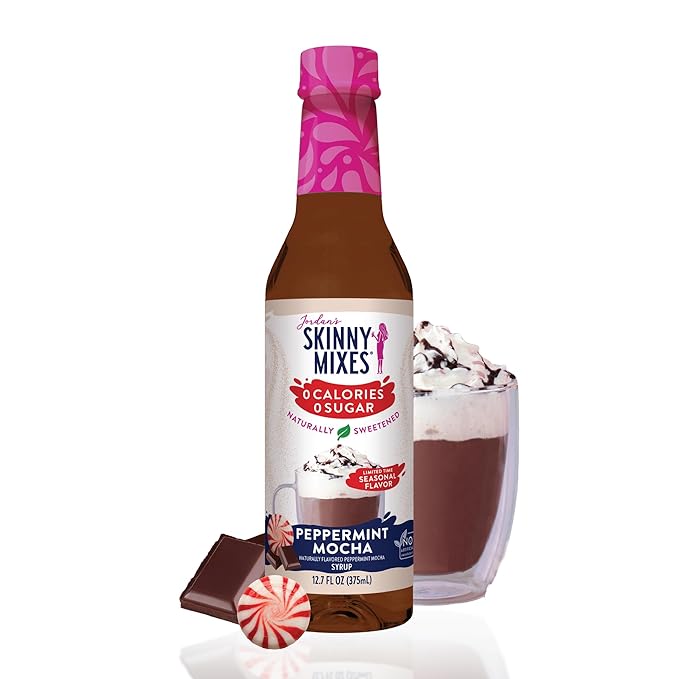 Jordan's Skinny Mixes Sugar Free Coffee Syrup, Peppermint Mocha Coffee Flavoring Syrup, Naturally Sweetened Zero Calorie Drink Mix, Lattes, Baking or Protein Shake, Dairy & Gluten Free, 12.7 Fl Oz