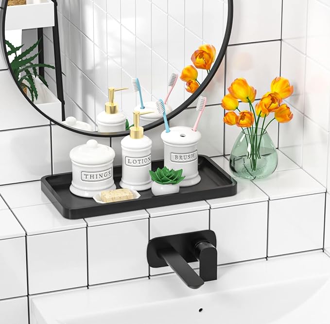 Bathroom Vanity Tray for Countertop - Bamboo Organizer Tray for Dresser Tops, Toilet, Perfume Small Decorative Wood Tray for Home Decoration 11.4” L x 6.1” W x 0.7” H (Black)