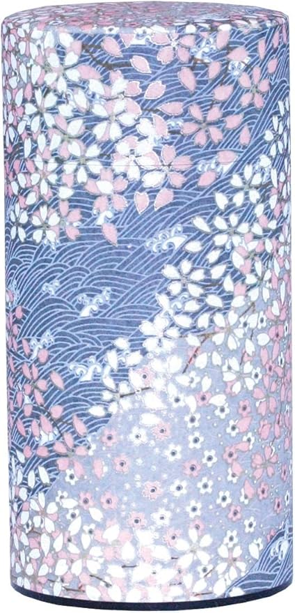 Washi Paper Tea Tin Canister: Long 7oz (200g) Cherry Blossoms - Dusk (#127), Japan