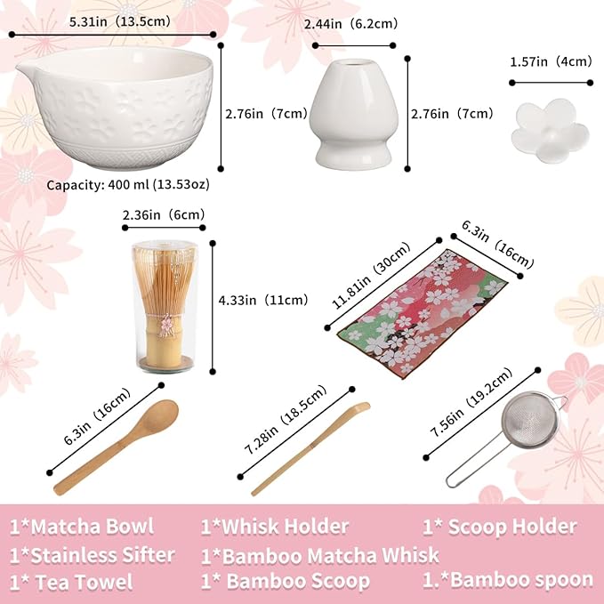 8-Piece Matcha Ceremony Set - Tea Kit with Cherry Blossom Bowl, Bamboo Whisk, Wood Scoops, Tea Cloth & Floral Display - Gift-Ready Pink Cherry color box (white)